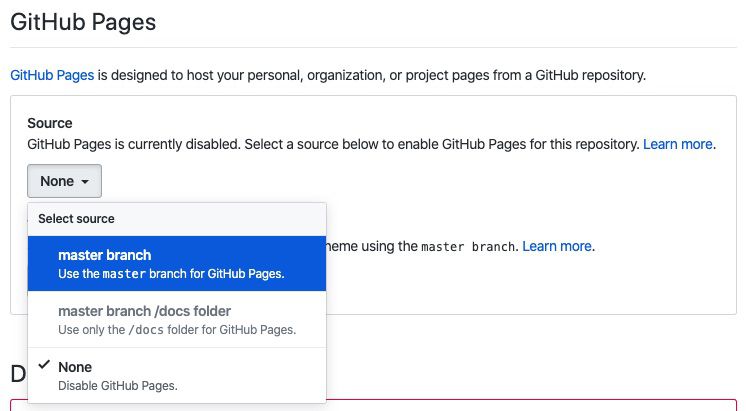 menu to update Github Pages settings to use master branch