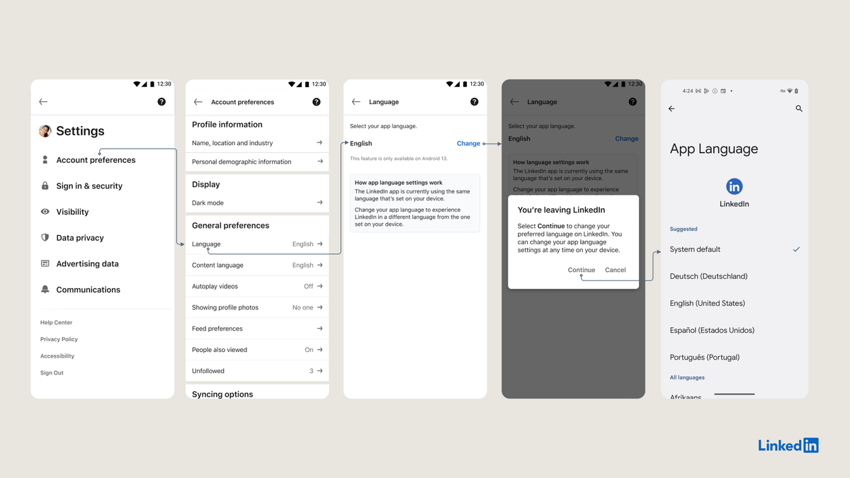 LinkedIne Android per app language flow